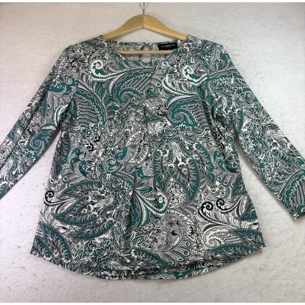 Liz Claiborne Career Women's Top Size M Dark Teal Paisley 3/4 Sleeve Office